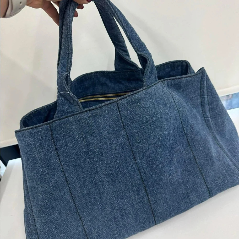 Prada Canapa Denim Tote with Gold Triangle Logo - Indigo Blue Large - Picture 7 of 10